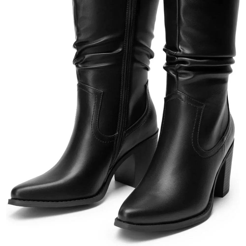 Women's Faux Leather Knee-High Boots Suede Block Heel Side Zipper Size 7